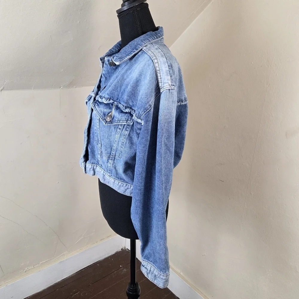 Free People Bedford Blue Denim Cropped Jean Jacket Women size S - Picture 6 of 15